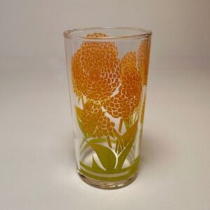 Vintage Floral Glass Tumbler Orange & Yellow Chrysanthemum Design
